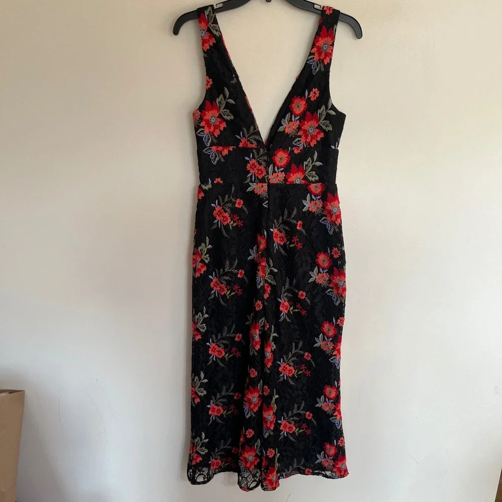 Lovers + Friends Black Floral Embroidered‎ Lace Jumpsuit Wide Leg V-Neck Small